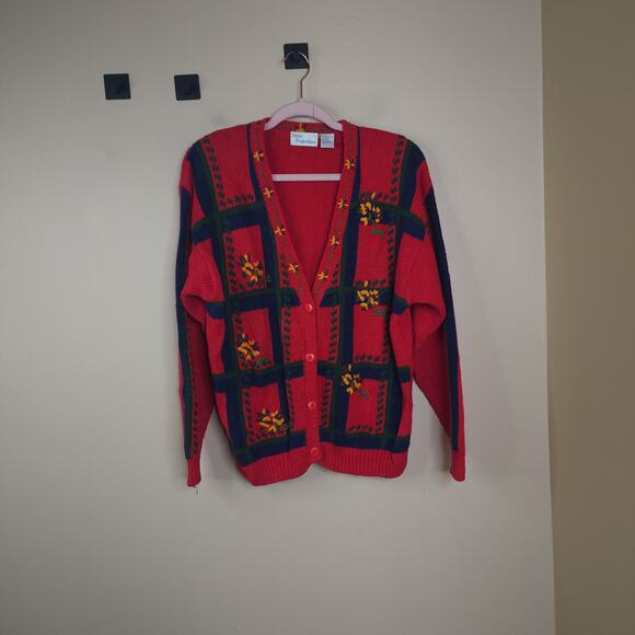 Vintage Petite Projections Red Grid Embroidered Floral Button Cardigan Size L - Picture 1 of 9